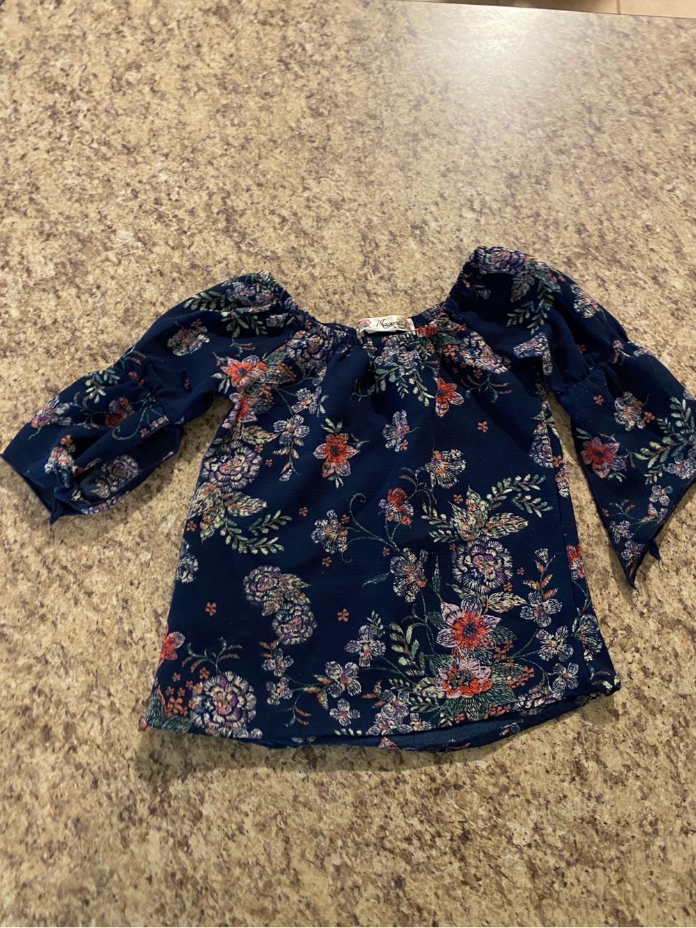 Magenta Navy Floral Elasticized Off-Shoulder Blouse